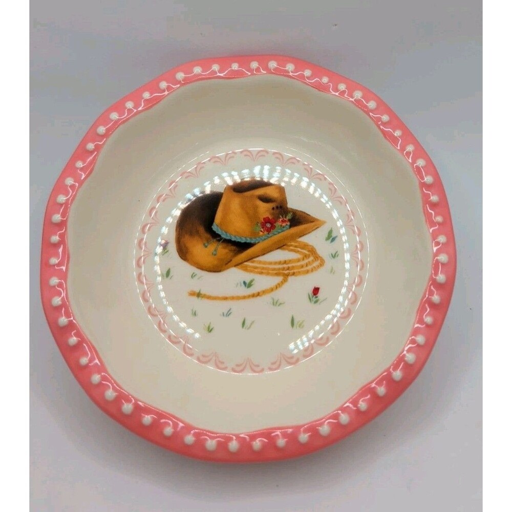 The Pioneer Woman Cowboy Hat Mini Pie Pan Stoneware Pink Plaid Rope Western